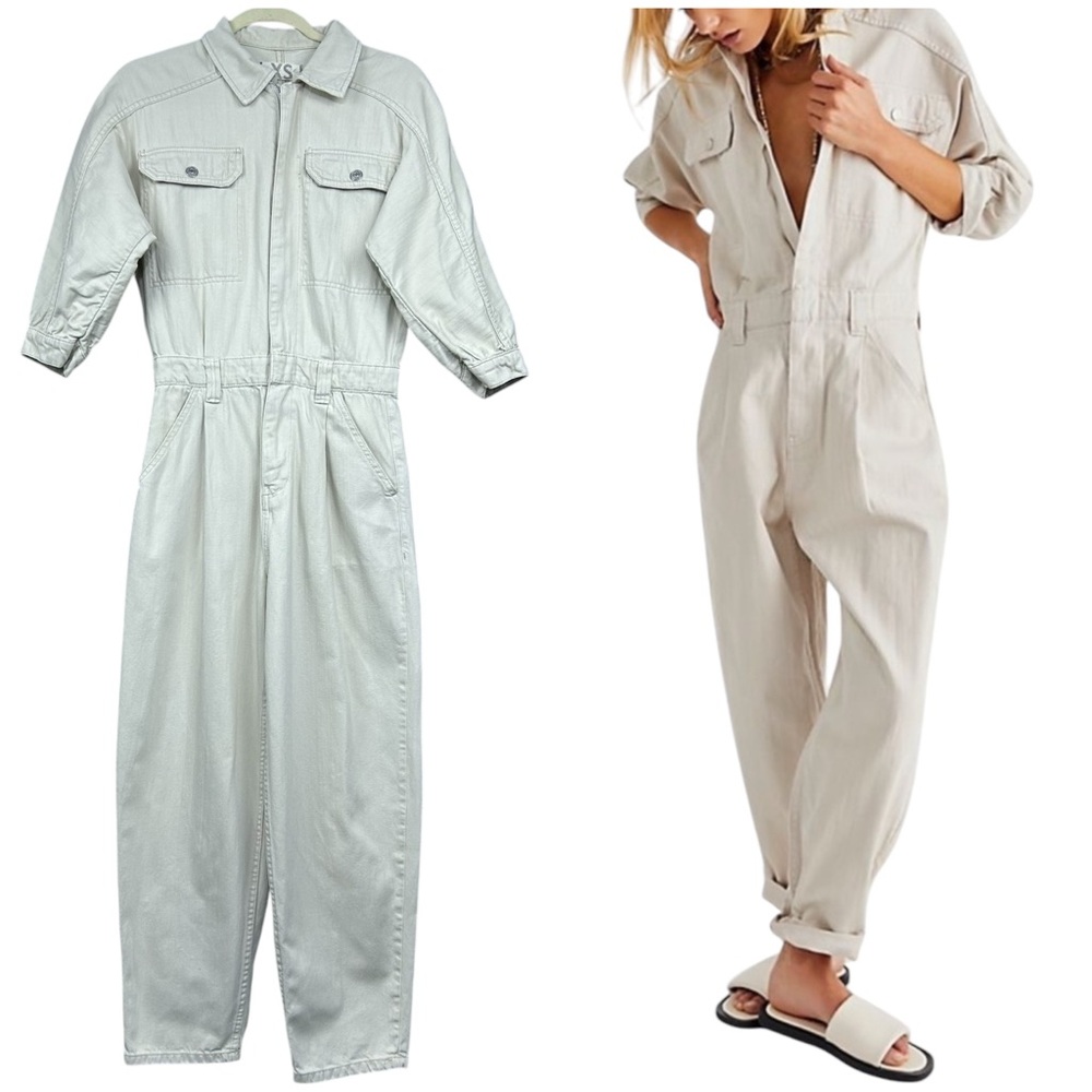Free People We the Free Sammie Denim Coverall Size XS Baggy Barrel Leg Utility